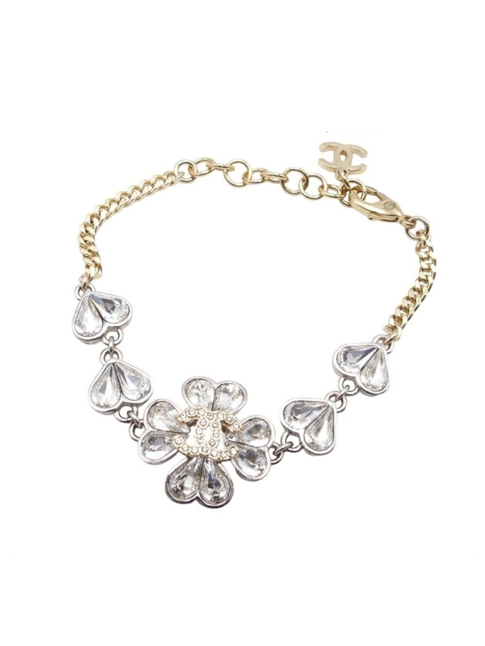 Chanel Bracelet Silver Light Gold Metal CC Logo Clover Bijou Costume